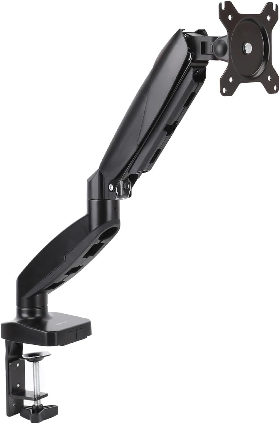 Amazon Basics Gas Spring Single Computer Monitor Arm Desk Mount, Adjustable, Holds up to 27″ Monitors, Black
