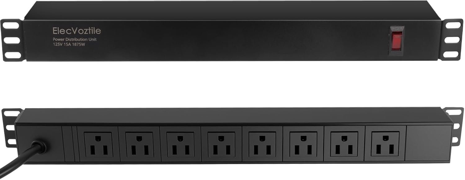 8 Outlet Rack Mount PDU Power Strip, 1020J Surge Protection & 15A Overload Switch, Fits 19” Network Server Rack, 6ft 14AWG Cord, 1U RackMount, Rear Plug