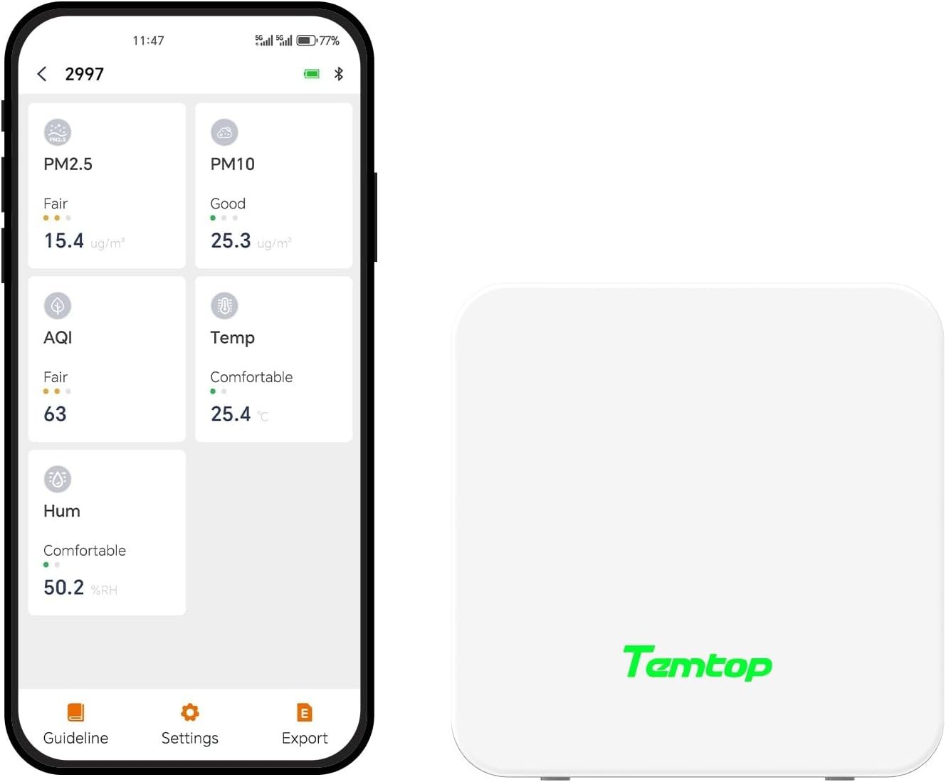 Temtop P1 Air Quality Monitor, PM2.5/PM10/Temperature/Humidity Sensor with Bluetooth App, AQI Tracking & Portable Design for Home, Office, Car, and Travel Use