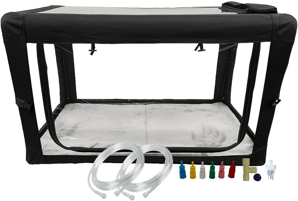 Oxygen Therapy Cage for Pets – Veterinary Oxygen & Nebulizer Chamber for Dogs, Cats, Puppies, Sheep – Oxygen Therapy Cage with Tubing Kit, Soft Mat, Venturi Adapters, Nebulizer, T-Fitting