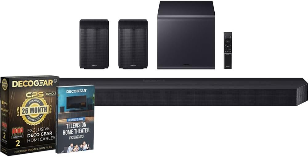Samsung Q Series Soundbar HW-Q990F 11.1.4 ch Subwoofer + Rear Speaker (2025) Q-Symphony Bundle with CPS Exclusive 26 Month Protection Pack & Deco Gear Complete Home Theater Beginner′s Guidebook