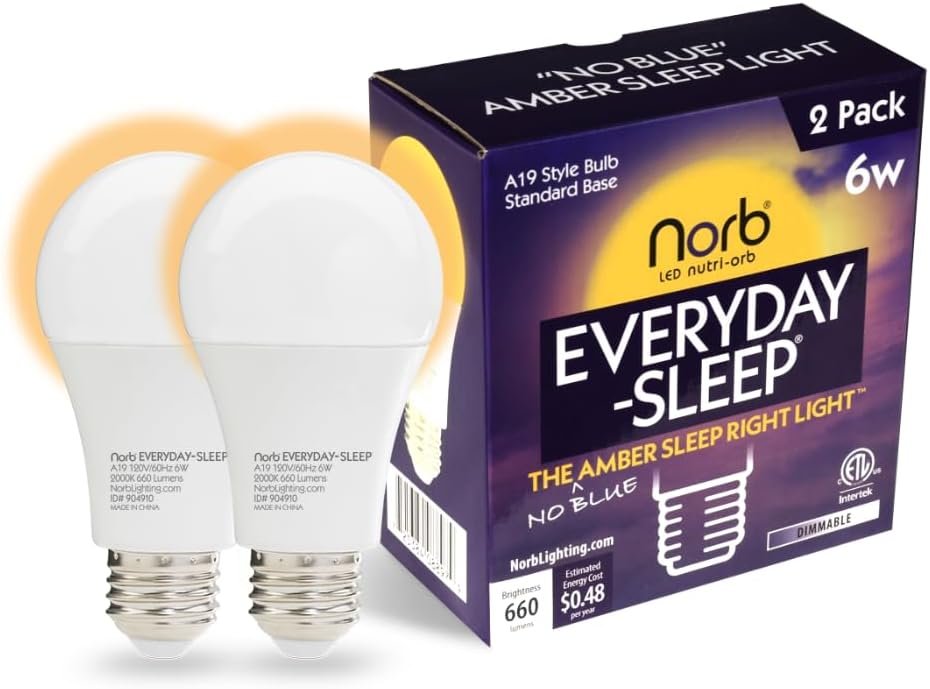 Norb Everyday Sleep Light Bulb – No Blue, Amber LED, 2000K Nighttime Lighting for Bedroom, Dimmable A19 Bulb Promotes Natural Melatonin & Circadian Rhythm for Babies, Kids, Adults, 6W (2-Pack)