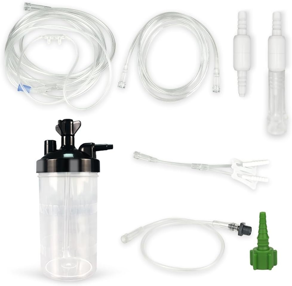 Oxygen Humidifier Bottle Set, Complete Kit with Oxygen Tubing, Oxygen Tubes Splitter & Connectors for Direct Installation, Easy Install for Home & Travel Use, 11PCS
