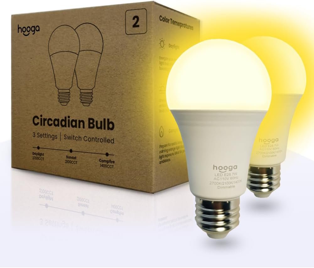 hooga Circadian Rhythm Full Spectrum LED Light Bulb – 2700K, 2100K, 1400K, Flicker-Free, Blue Light Free Night Mode, 7W Energy Efficient Warm White for Sleep, Relaxation & Focus – 2 Pack