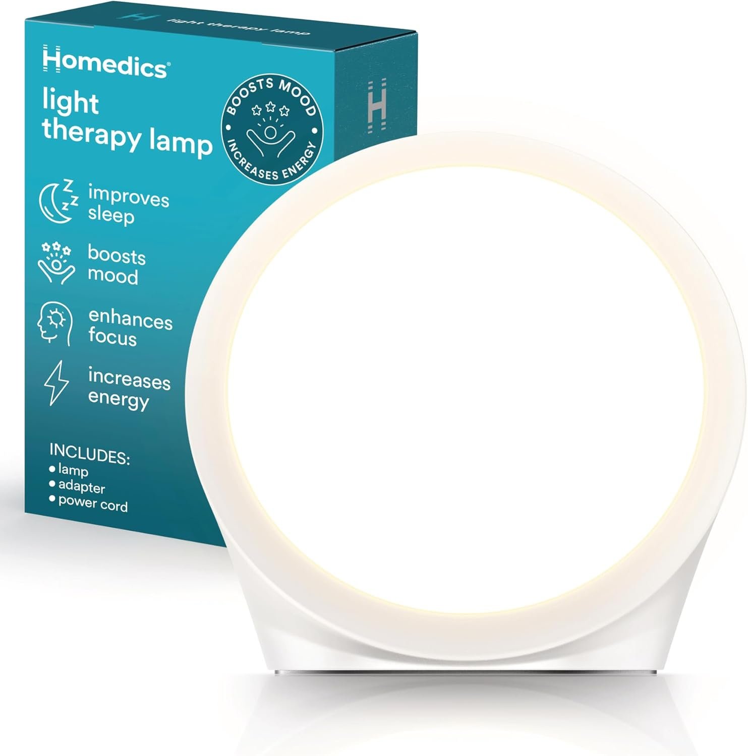 Homedics Light Therapy Lamp, Sun Lamp,10,000 Lux, UV-Free, Full Spectrum LEDs for Improved Sleep, Boosted Mood & Increased Energy, Adjustable Color Temperature, 6 Timer Settings, Compact & Stylish