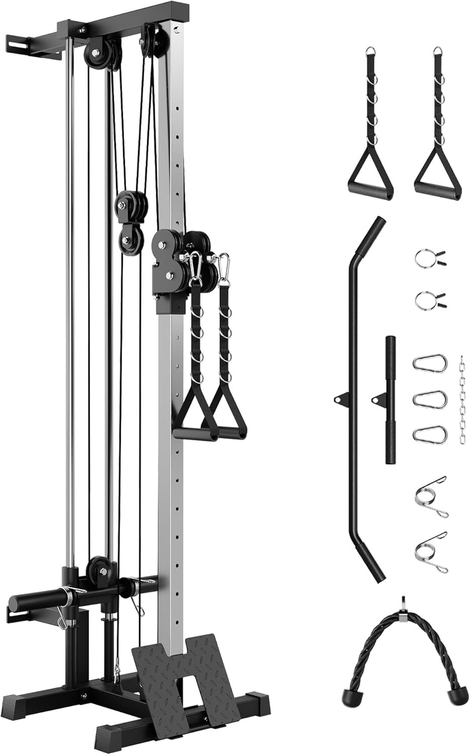 Garvee Wall Mount Cable Machine, LAT Pulldown Machines with 19 Positions Dual Pulley System, Cable Crossover Machine with Footplate, Weight Workout Equipment Home Gym Station