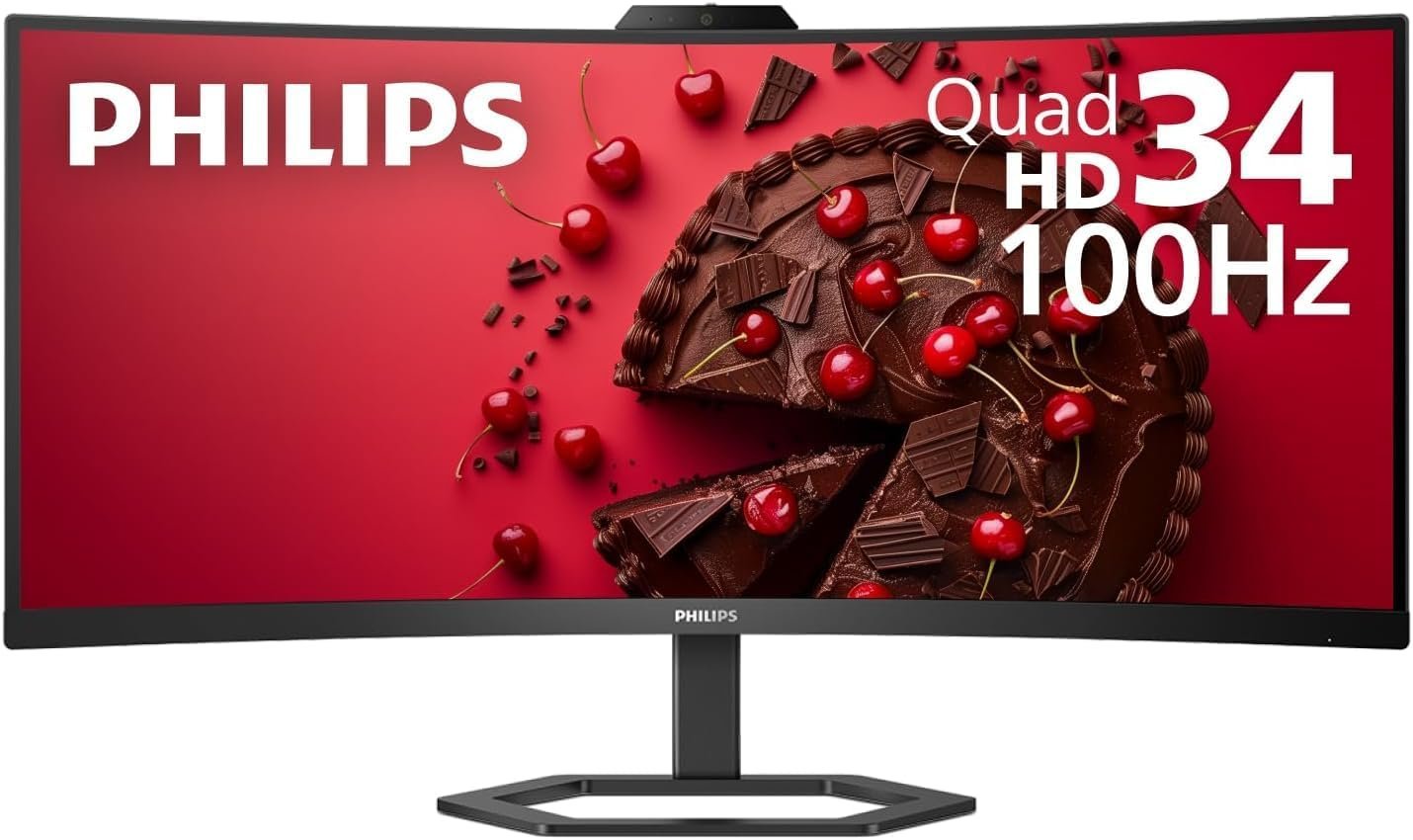 Philips 34E1C5600HE 34″ UltraWide QHD 21:9 Monitor with Built-in Windows Hello Webcam & Noise Canceling Mic, USB-C Docking, Stereo Speakers, 100Hz, 4-Year Advance Replacement,Black