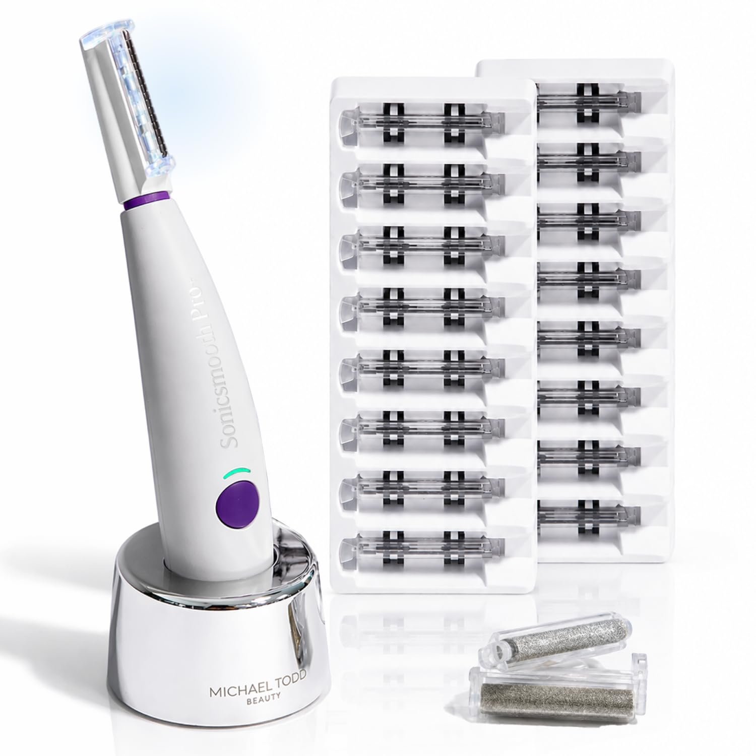 Michael Todd Beauty Sonicsmooth Pro+ Dermaplane Razor for Women Face + Eyebrow Trimmer Dermaplaning System w/LED Light Peach Fuzz Remover -16 Dermaplaning Blades & 2 Microsmooth Exfoliation Tips