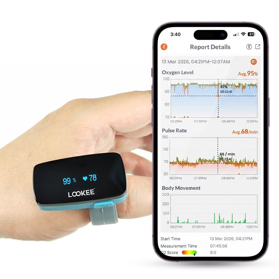 LOOKEE O2-Tracker Ring Continuous Pulse Oximeter – Wearable Oxygen Monitor with Vibration Reminder for Low O2 – Rechargeable Blood Oxygen Saturation SpO2 Meter – Free APP with Reports