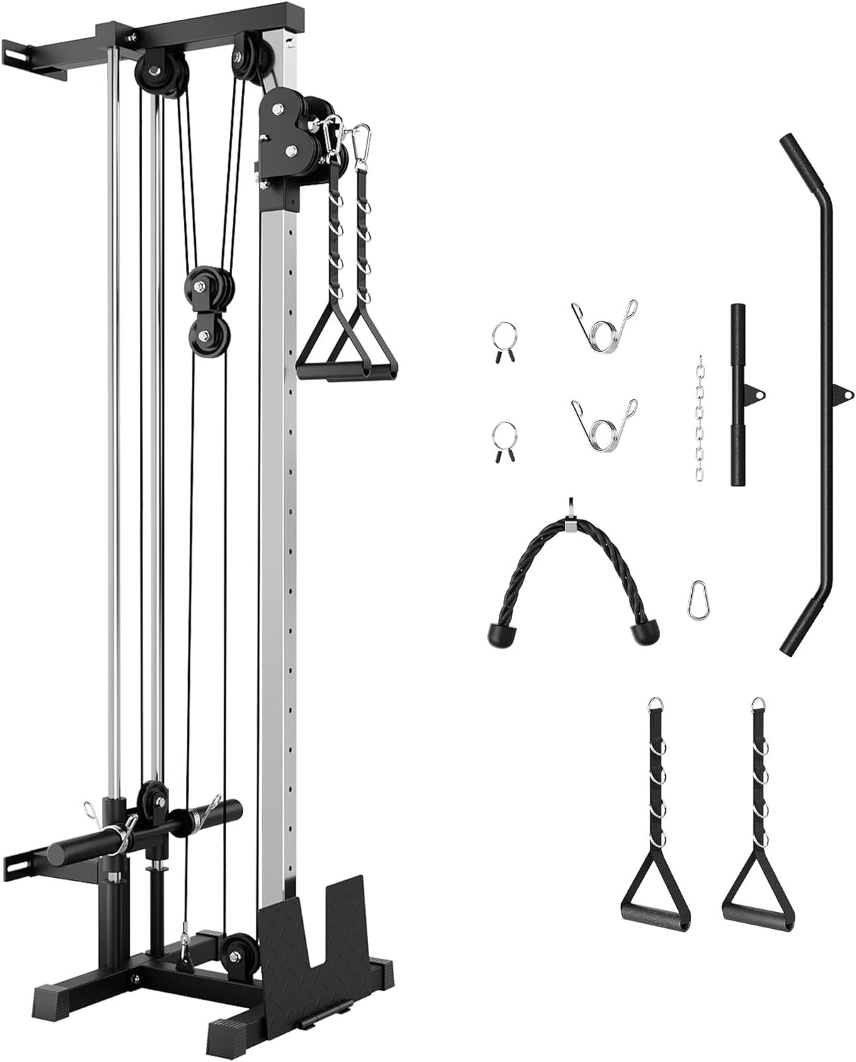 Wall Mount Cable Machine – Dual Pulley Cable Crossover Machine with 19 Adjustable Positions, Tricep Rope, T-Bar, LAT Pulldown Bar & Foot Board for Home Gym Strength Training