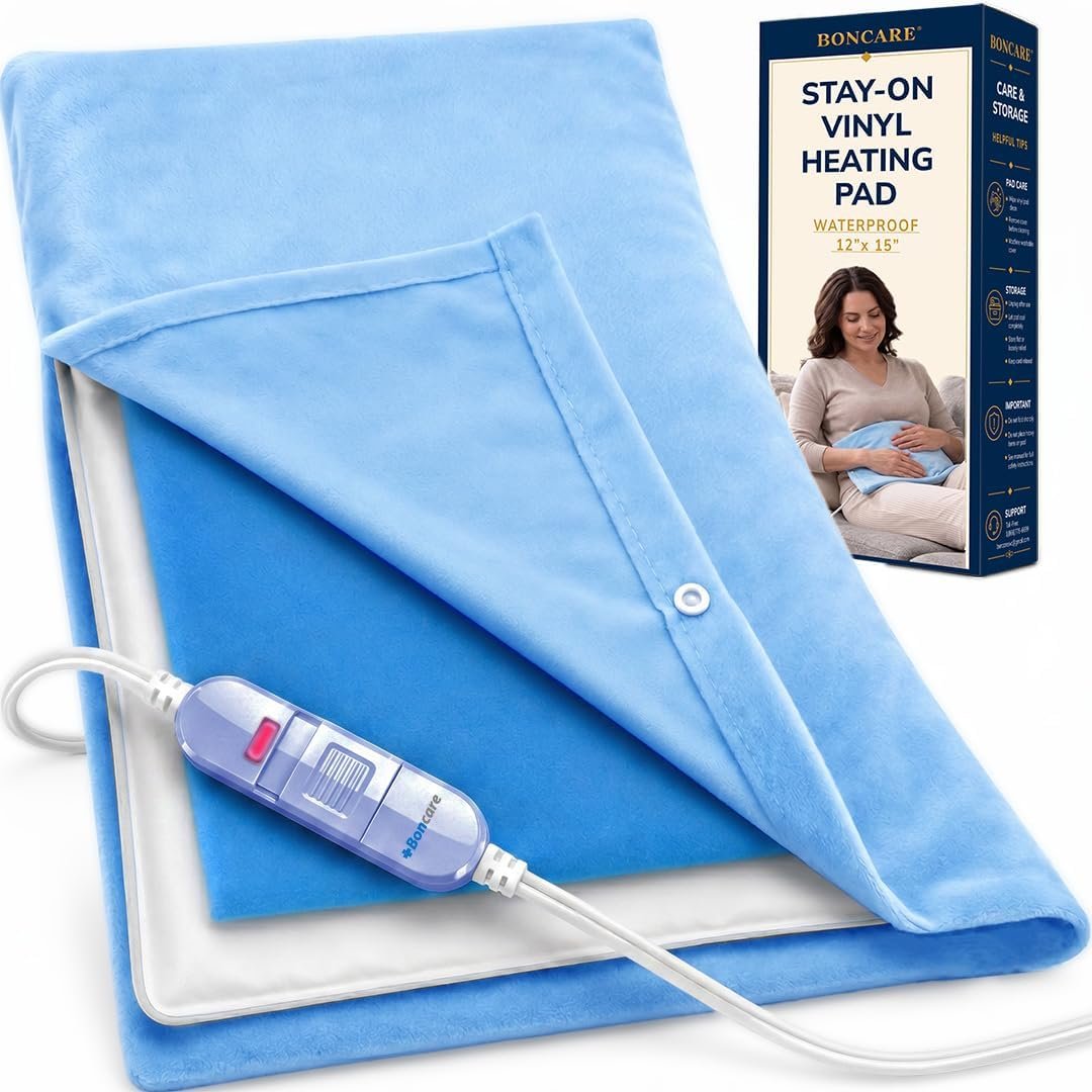 Boncare® Stay-On Small Vinyl Electric Heating Pad for Neck and Shoulders and Back Without Auto-Off, Low & High Heat Levels, Waterproof Hot Heat Pad with Washable Cover (12″x15″, 1-Pack)