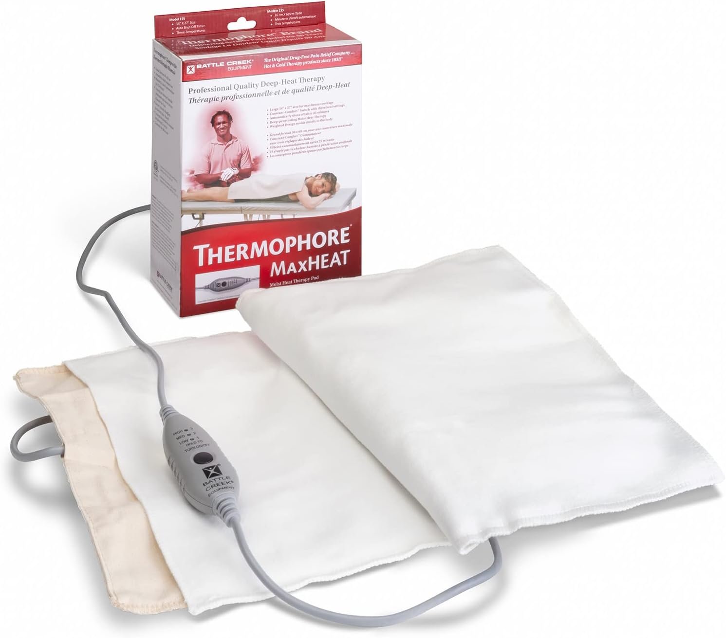 Thermophore MaxHEAT Automatic Moist Heating Pack Model 155 – Large 14″ x 27″ XL Heating Pad, Deep Moist Heat Therapy for Muscle, Back & Joint Pain Relief, Electric, Heavy Weighted Design