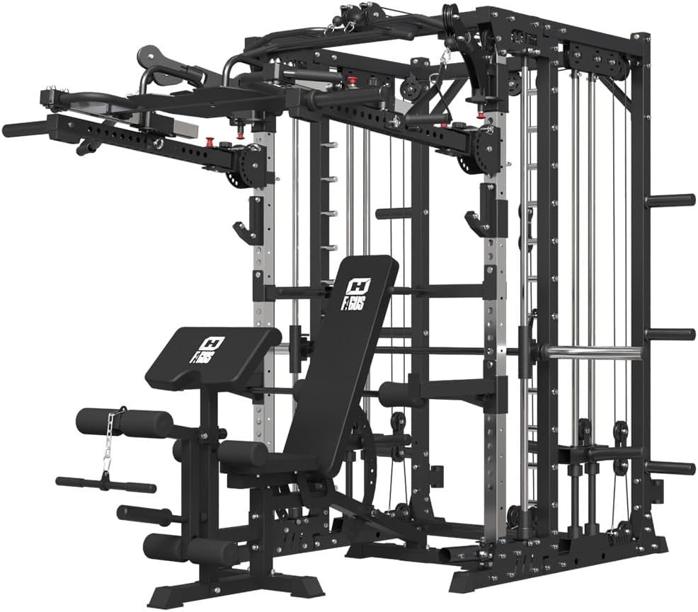 Commercial Smith Machine with Smith Bar, 4000LBS Power Cage Squat Rack with Lever Arm, Leg Press, LAT Pull Down System, Multi-Function Linear Bearing Cable Crossover Machine for Home Gym