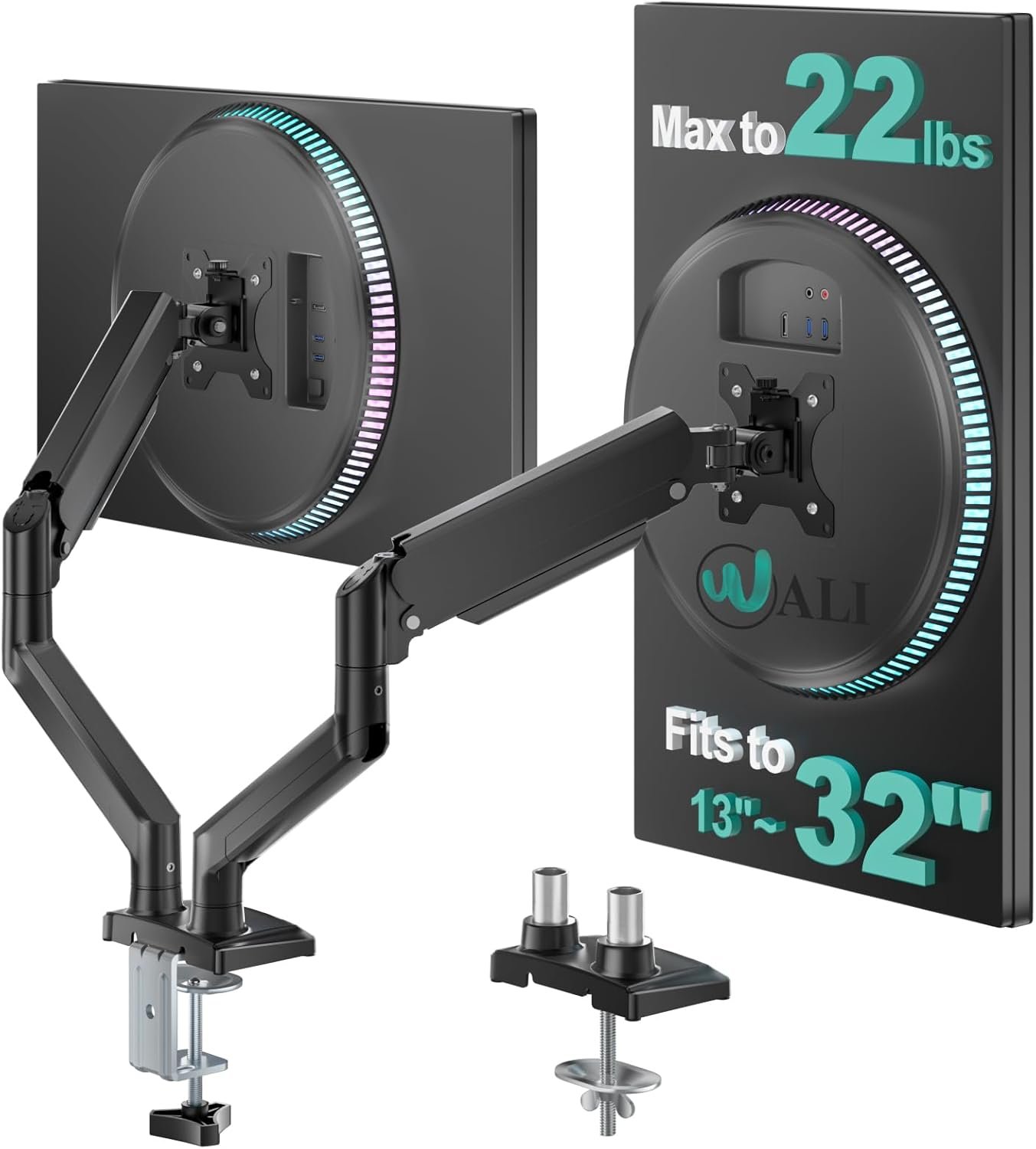WALI Dual Monitor Stand for 13-32 inch Computer Screens, Dual Monitor Arms for 2 Monitors Holds up to 22 lbs, Height Adjustable Dual Monitors Mount, VESA 75×75/100x100mm (GSMP002N), Black