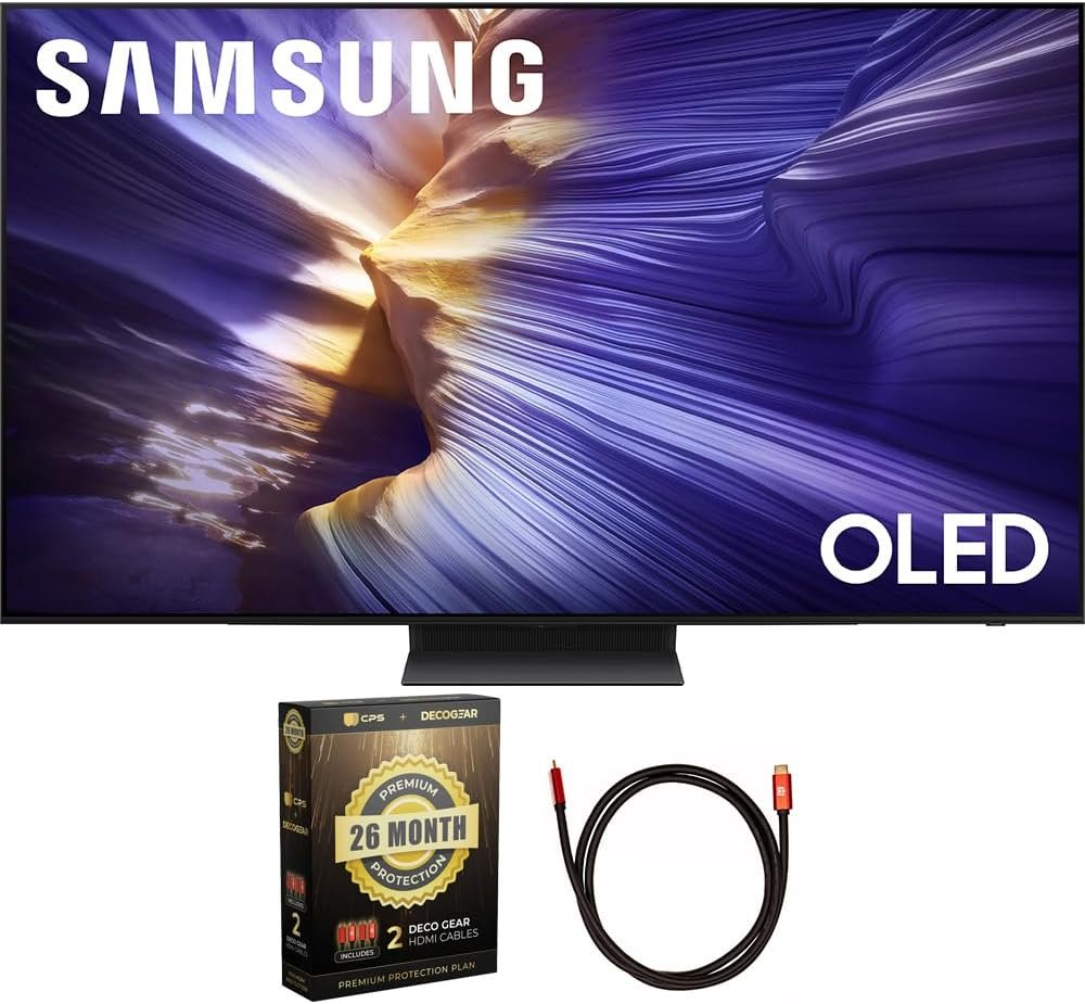 Samsung 77 inch OLED 4K S90F Vision AI Smart TV (2025) (Renewed) Bundle with Deco Gear 6FT HDMI 2.0 Cable and CPS Exclusive 26 Month Protection Pack (BEACH-CPS-26M3500)