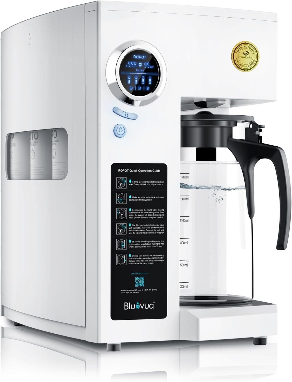 Bluevua RO100ROPOT Countertop Reverse Osmosis Water Filter System, Portable RO Filtration with Remineralization, No Installation, WQA Certified – ROPOT-UV, 6-Stage RO