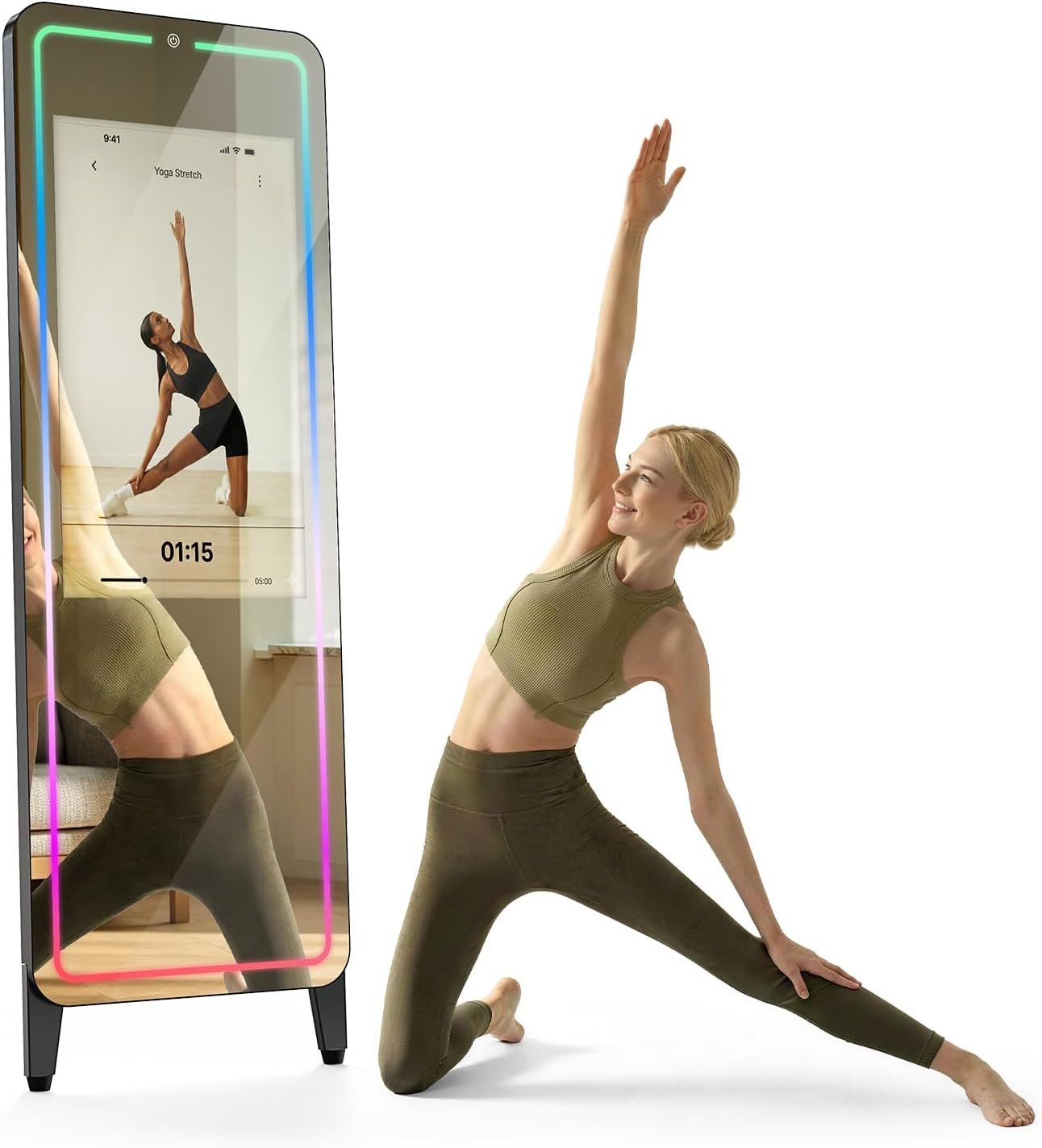 Smart Gym Mirror for Home Workouts, 32″ HD Touchscreen with Android OS, 63″ Full-Length Mirror, No Subscription Required, Fitness App Support, Voice Control & Music Sync LED Light Strip