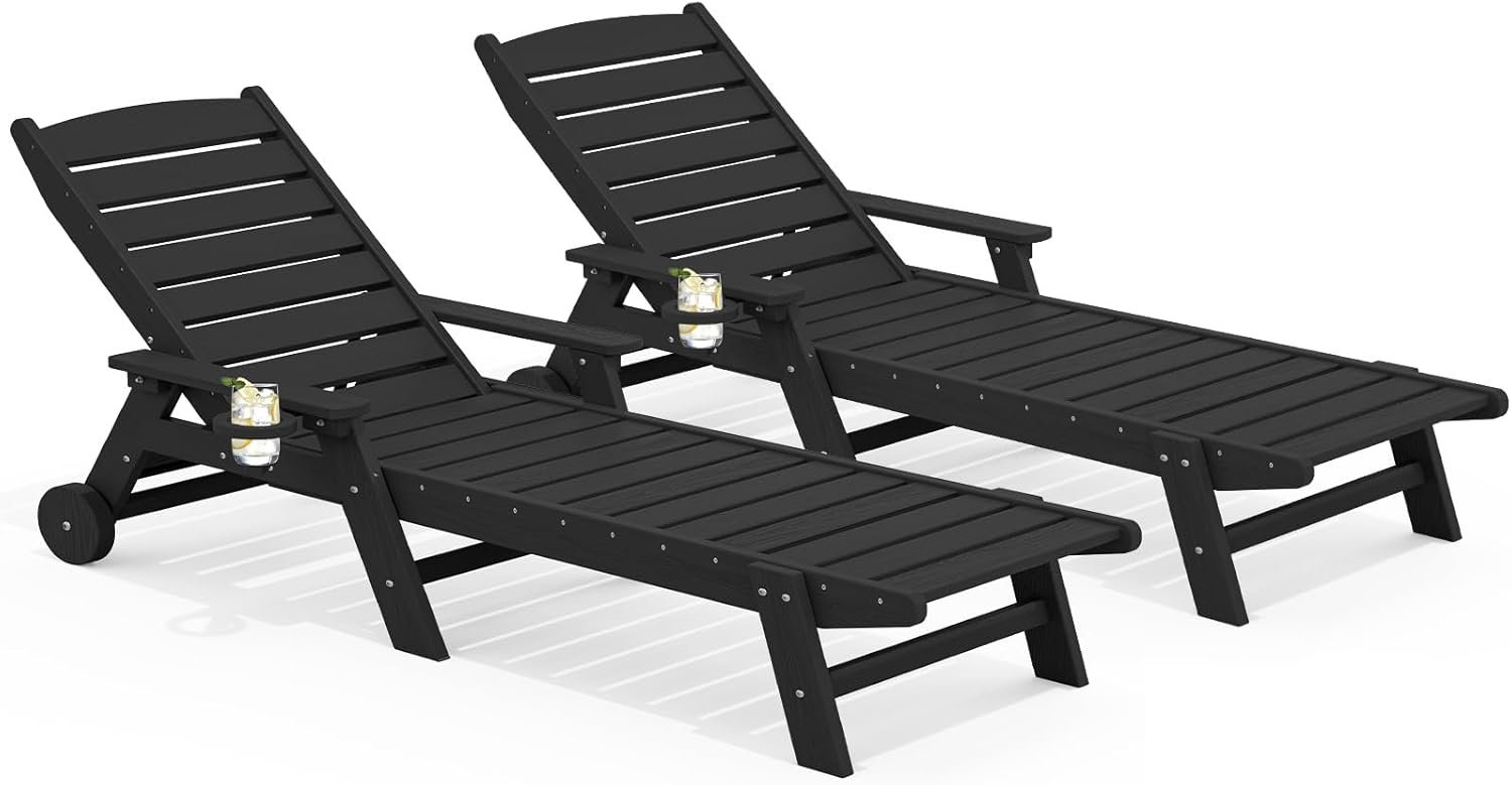 SERWALL Patio Chaise Lounge Chair Set of 2, 78” Long 5-Positions Adjustable HDPE Outdoor Lounger for Pool, Poly Lounge Chair with Rolling Wheels & Cup Holder for Poolside, Deck, Black