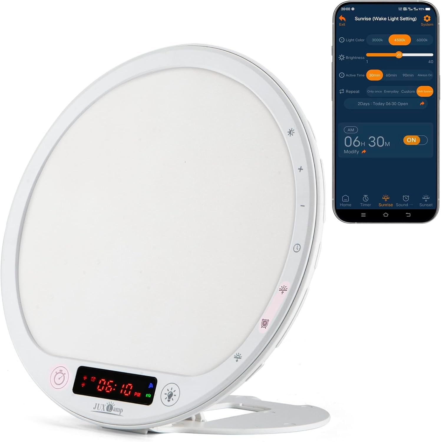 Light Therapy Lamp Sunrise Alarm Clock Wake up lamp 10000 lux UV-Free Sun lamp Bioclock Adjustment APP Control Portable No Built-in Lithium Battery | 10000 lux, UV-Free, Bioclock Adjustment, APP Control, No built-in lithium battery