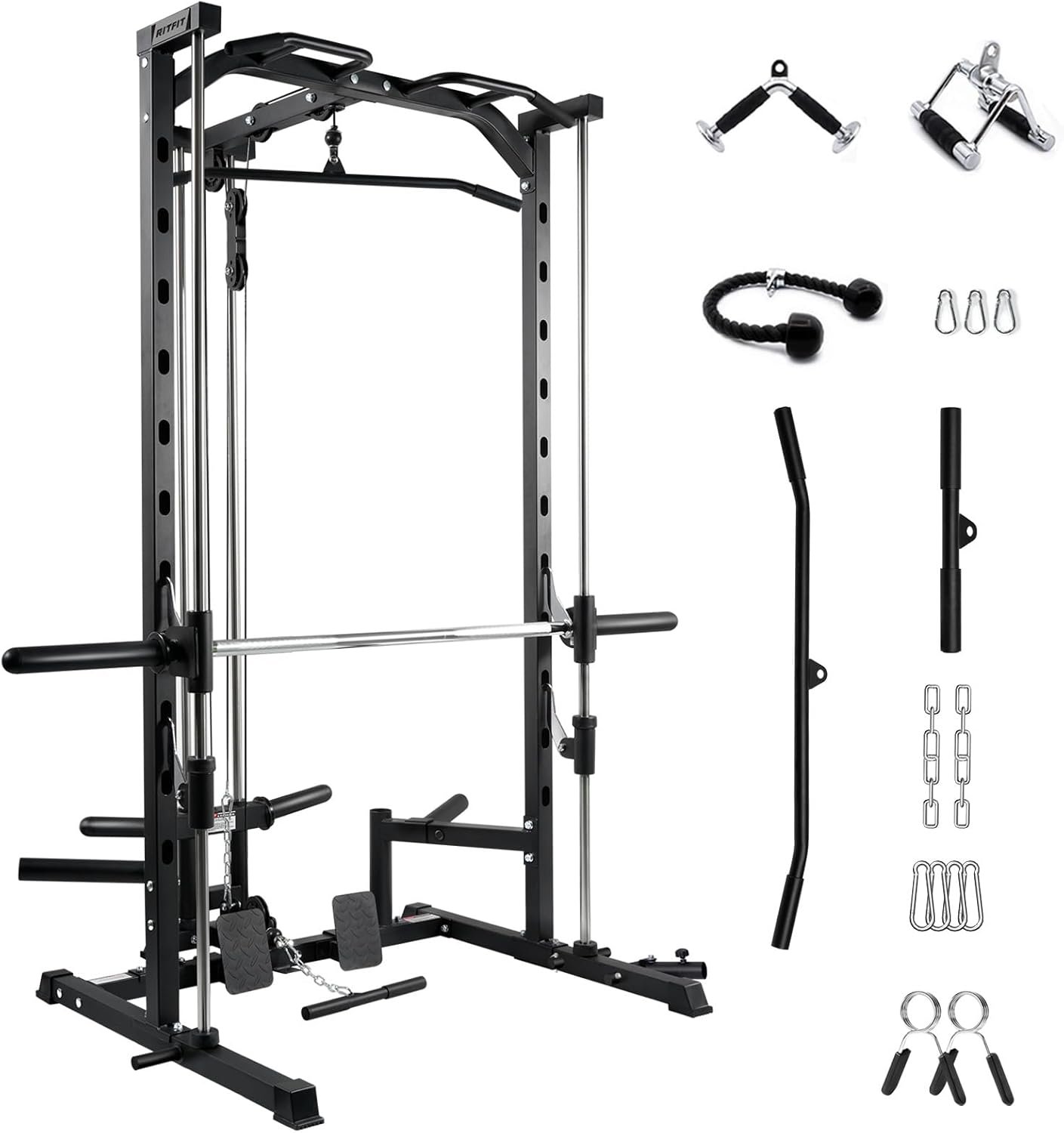 RitFit Smith Machine Power Rack with LAT-Pull Down System, Landmine, Barbell Bar, Plate Storage Pegs and More Training Attachment