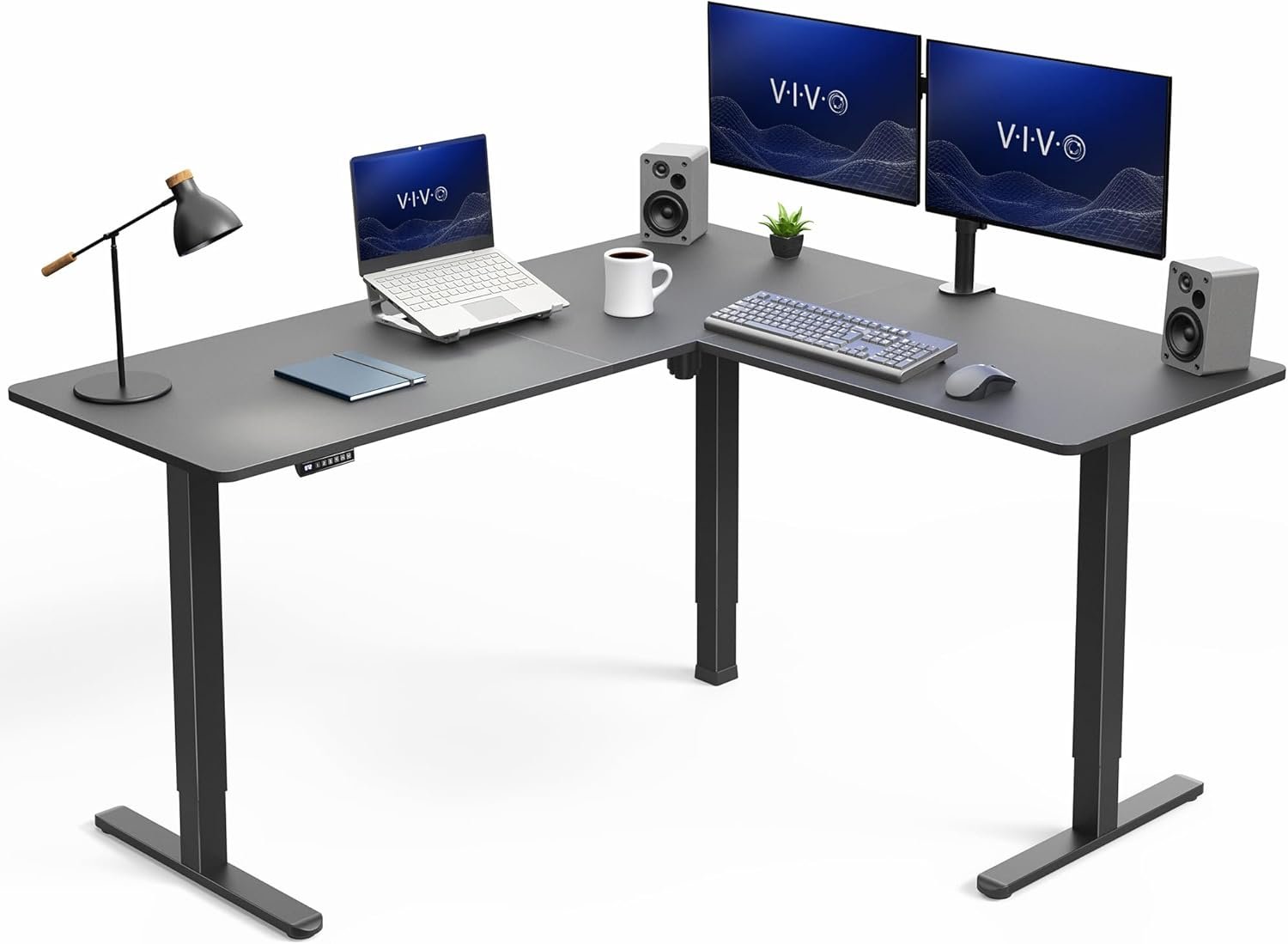 VIVO Corner Standing Desk, 63 x 55 inch Reversible L-Shaped Workstation, Electric Height Adjustment, Home, Office, and Reception Rooms, Black Table Top Black Frame, DESK-E3CTB