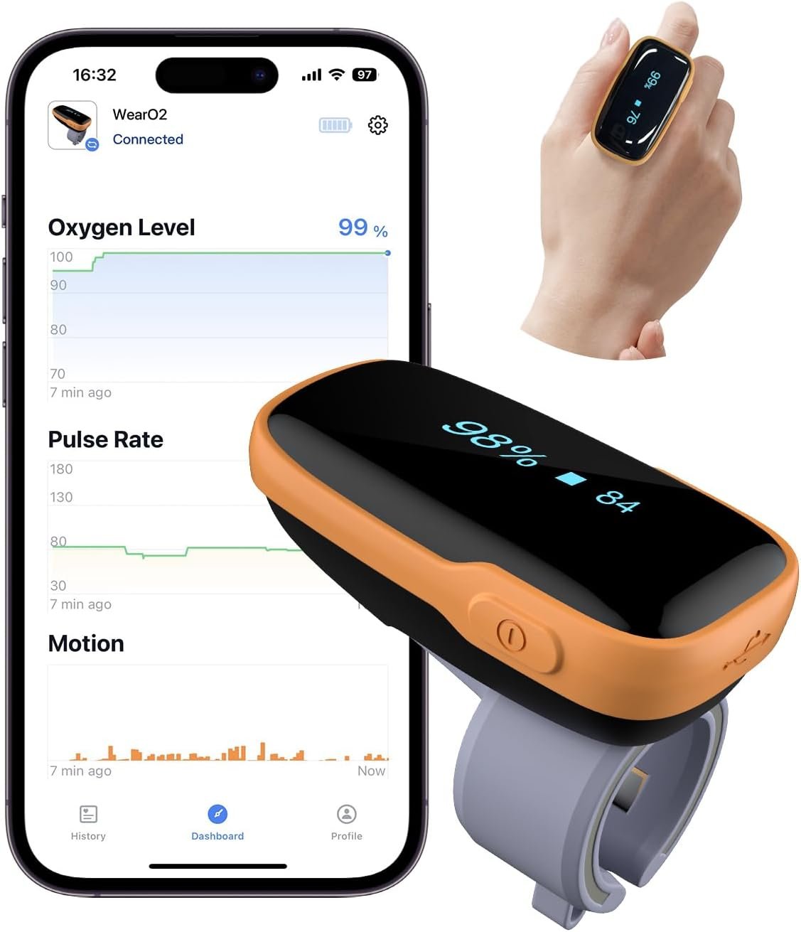 Vibeat Pulse Oximeter for 12 Hours Continuous Tracking, WearO2 Bluetooth Finger Oxygen Monitor, Notification of Low O2, Wearable Ring Blood Oxygen Meter, Free App & PDF Report