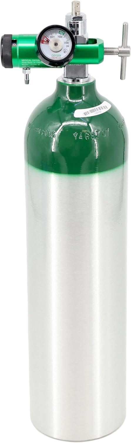 Lightning X Portable Aluminum Medical Oxygen Cylinder, D Size w/CGA-870 Post Valve + 0-15lpm Mini O2 Regulator w/Wrench for Home & EMS Use, Ships Empty (Cylinder + Regulator)