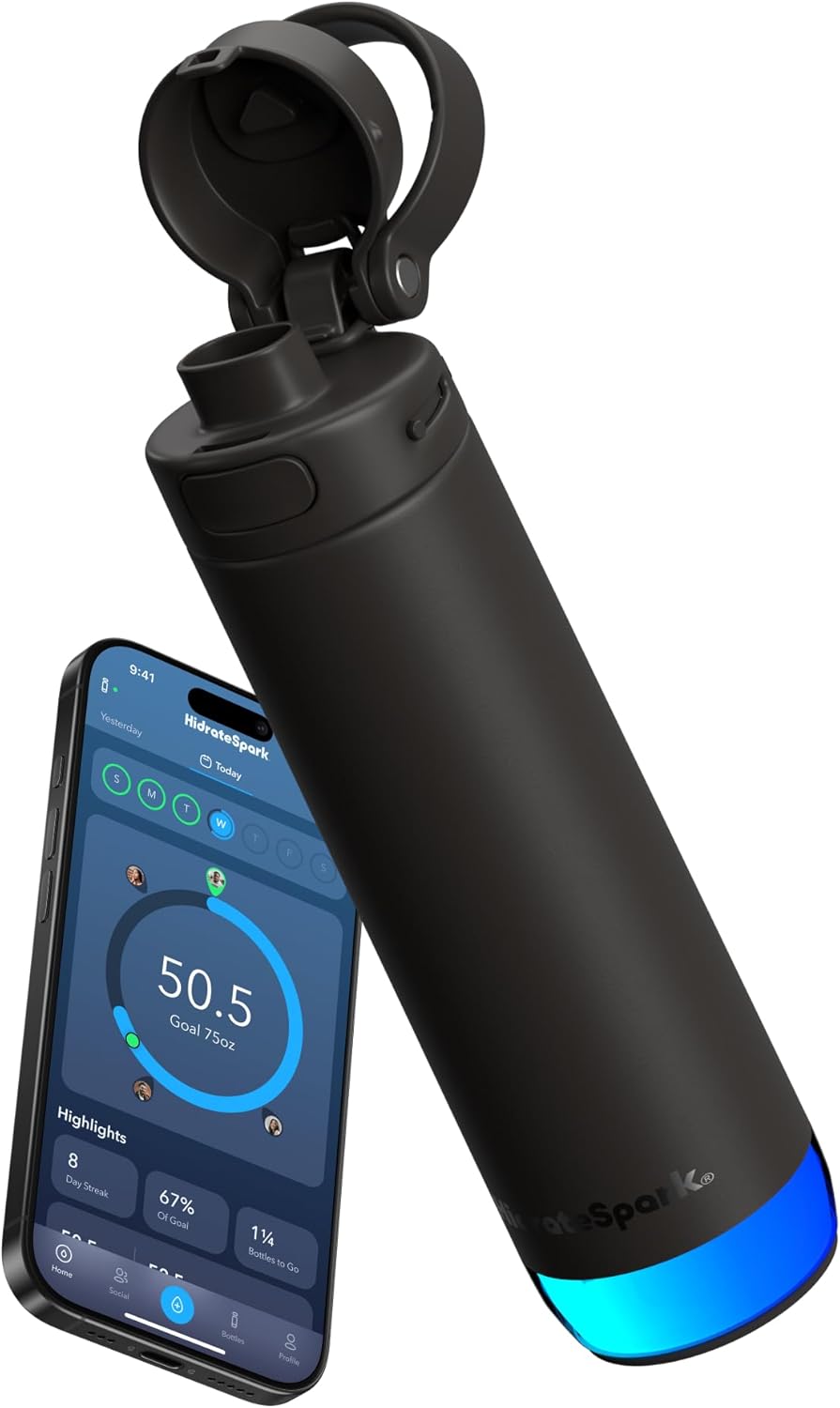 HidrateSpark PRO 2 21 oz Chug – Smart Hydration Bottle with Clinically Accurate Water Tracking & Extended Battery Life – Syncs with Apple Health, Fitbit, Smart Rings & Watches – Black