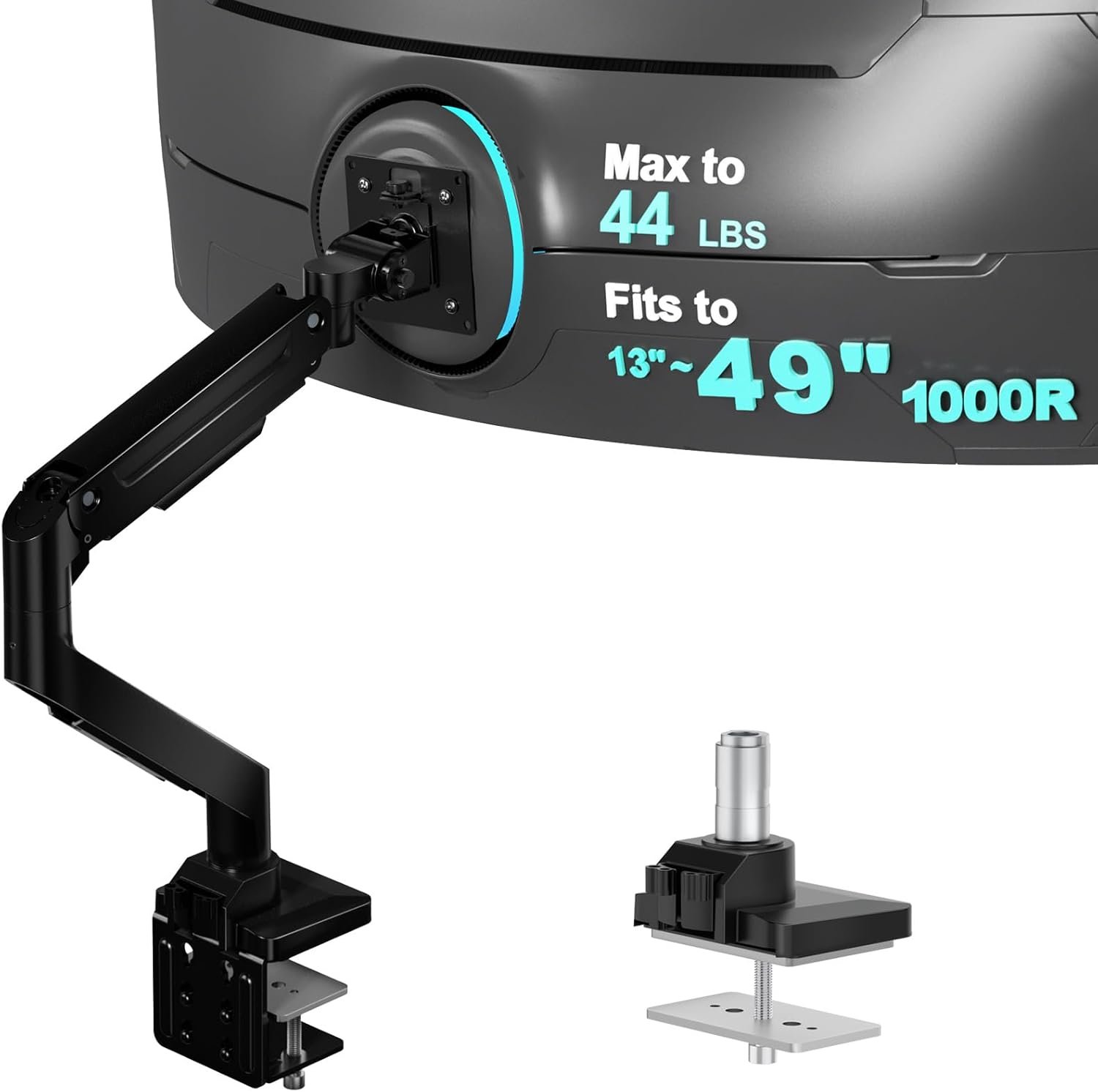 WALI Heavy Duty Single Monitor Arm for 13-49 inch 1000R Curved Screens, up to 44 Lbs, Adjustable Single Monitor Desk Mount with C-Clamp, Grommet Base, 75/100mm VESA Mount (GSM001XL), Black