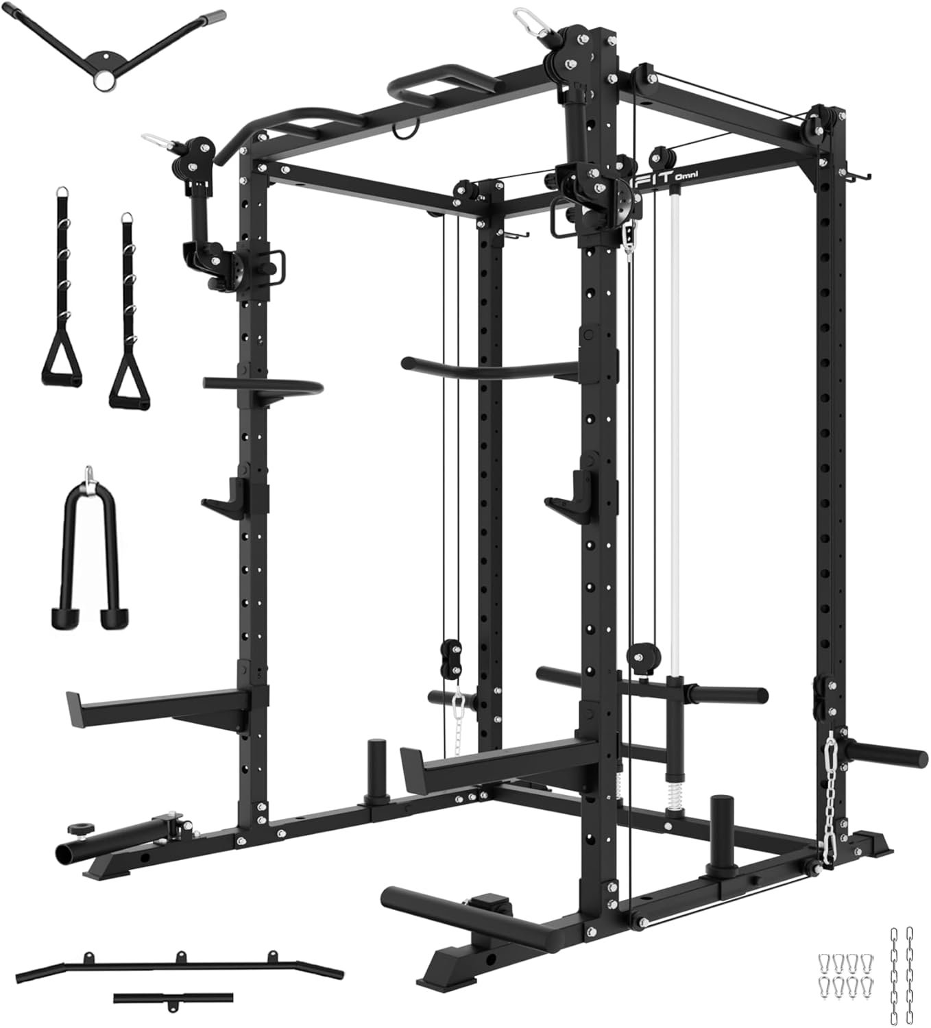 Eonfit E2 Power Cage，1500LB Squat Rack with Cable Crossover System.Multi-Function Power Rack for Home Gym.All-in-One Squat Rack with More Training Attachments