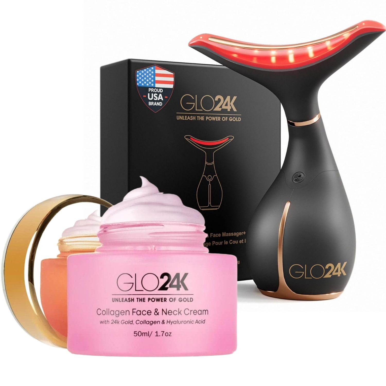 GLO24K Red Light Facial Massager with 24K Gold Retinol Face Cream – Face & Neck LED Beauty Wand, 3-in-1 Vibration Beauty Tool & Collagen Hyaluronic Acid Moisturizer for Smoother-Looking Skin