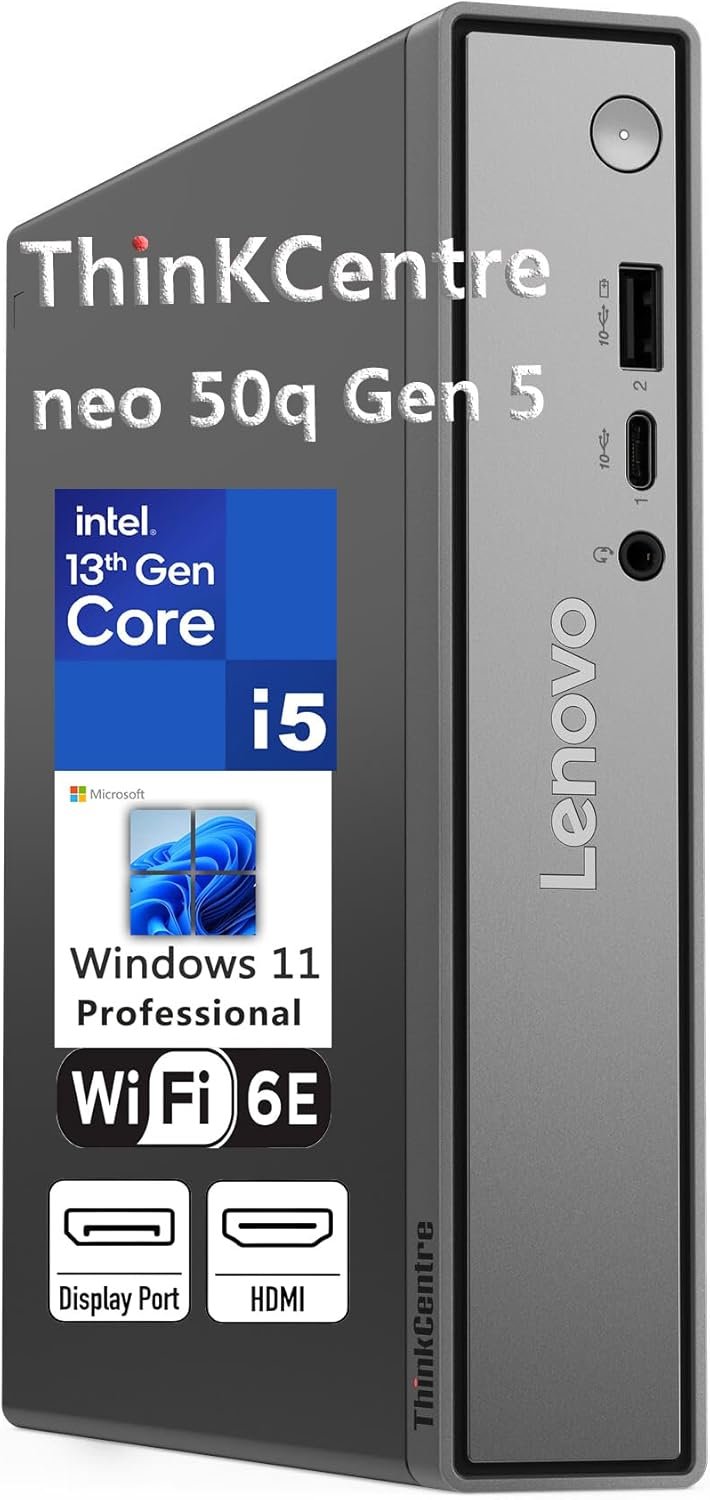 Lenovo ThinkCentre neo 50q Gen 5 Mini Desktop PC, Intel Core i5-13420H 8-Core, 16GB DDR5 RAM, 512GB SSD, WiFi 6E, Bluetooth 5.3, Dual Display, USB-C, Windows 11 Pro – Business Office Remote Work