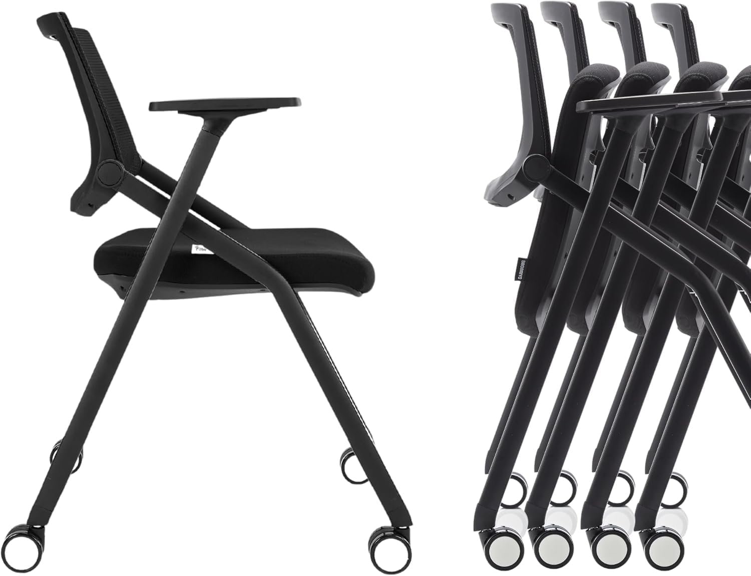 10 Pack Stackable Conference Room Chairs with Wheels and Paddle, Ergonomic Mesh Back and Arms for Meeting, Conference, Reception, Training Room & Home Office Desk Folding Chairs, Black