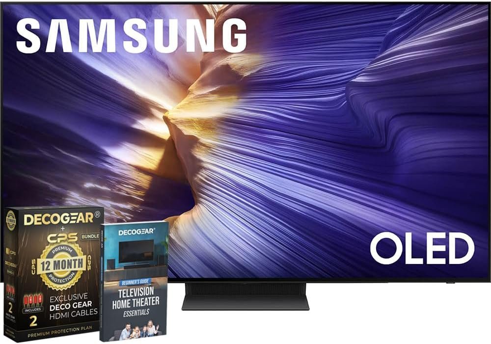 Samsung 77 inch OLED 4K S90F Smart TV (2025) Vision AI, OLED HDR+ Bundle with CPS Exclusive 1-Year Protection & Deco Gear Complete Home Theater Beginner’s Guidebook