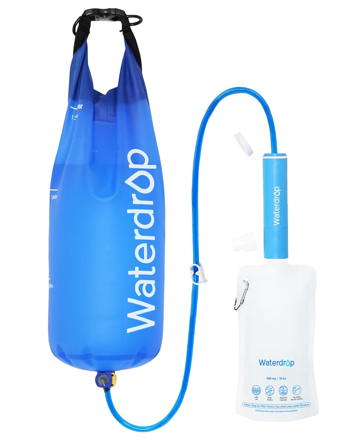 Waterdrop Gravity Water Filter Straw, Camping Water Filtration System, Water Purifier Survival for Travel, Backpacking and Emergency Preparedness, 1.5 gal Bag, 5 Stage Filtration, Pack of 1