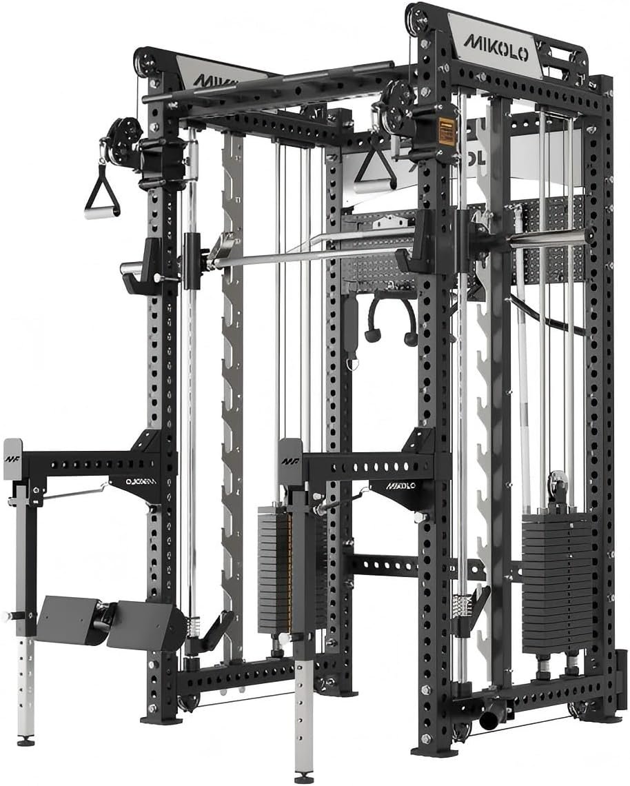 Mikolo Anubis-2.0 Smith Machine with Weight Stack, 3“×3” All-in-One Power Cage with LAT Pulldown & Cable Crossover, 3200LBS Multi-Function Trainer with Aluminum Pulley System for Fitness Home Gym