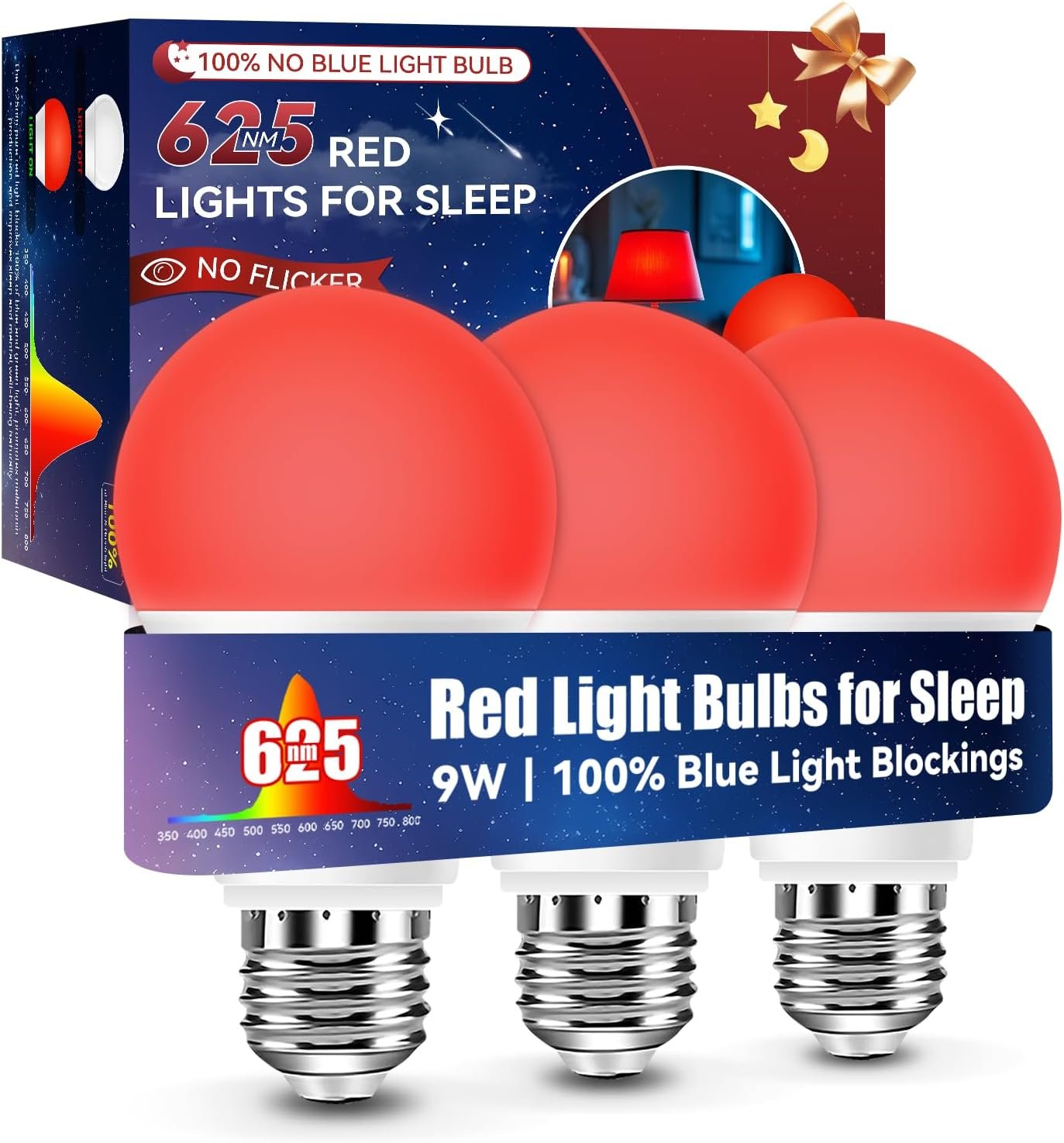 Neporal 625nm Red Light Bulbs for Sleep, 100% Blue Light Blocking Light Bulbs for Melatonin Promoting, A19 LED 9W 60W Equivalent Red Night Light Bulb for Baby Nursery, Sleeping, Reading, 3-Pack