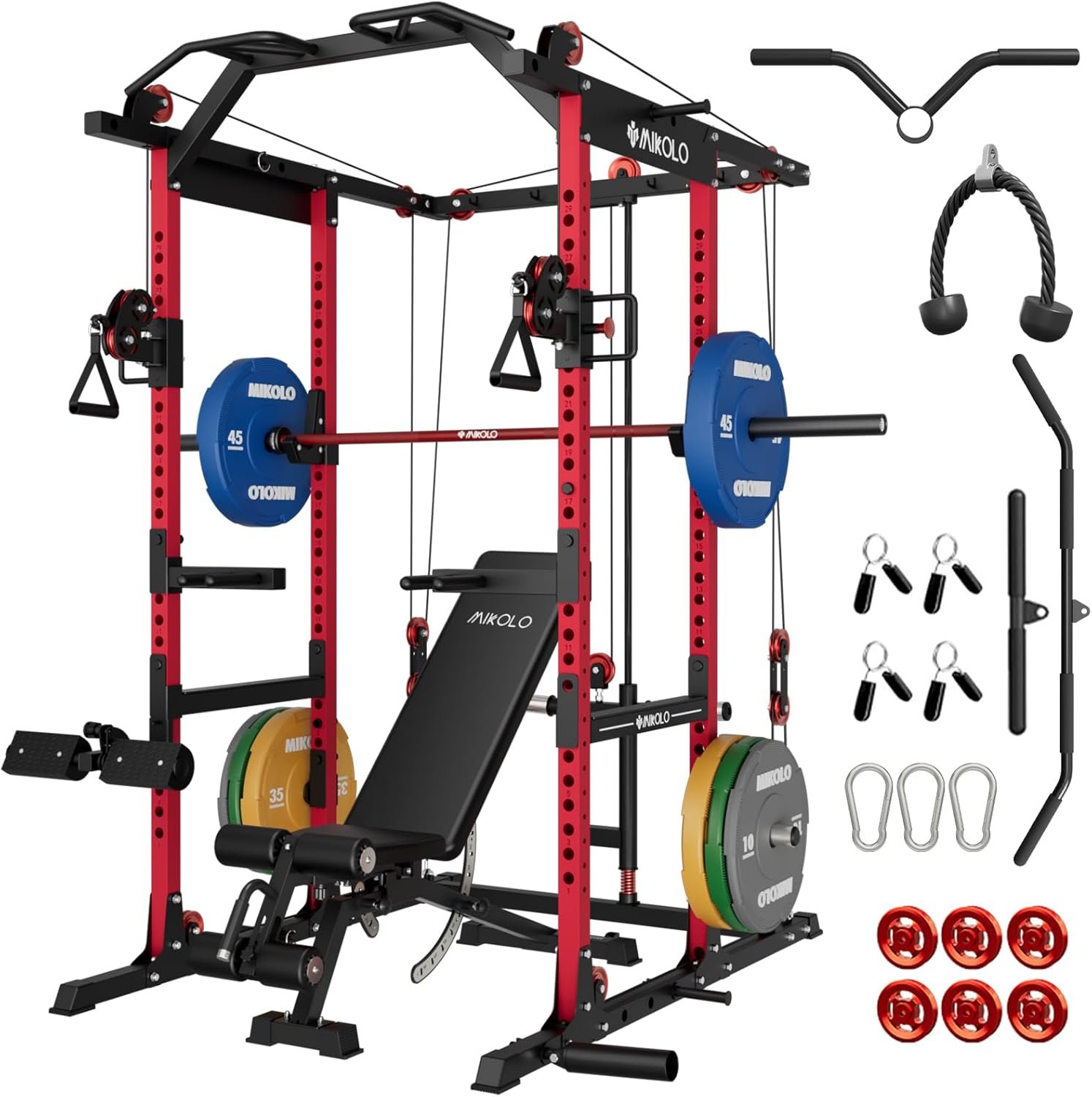 Mikolo K6 2.0 Power Cage, Power Rack with Cable Crossover System, 2000LBS Squat Rack with LAT Pull Down System, Functional Trainer with Aluminum Pulley System for Home Gym