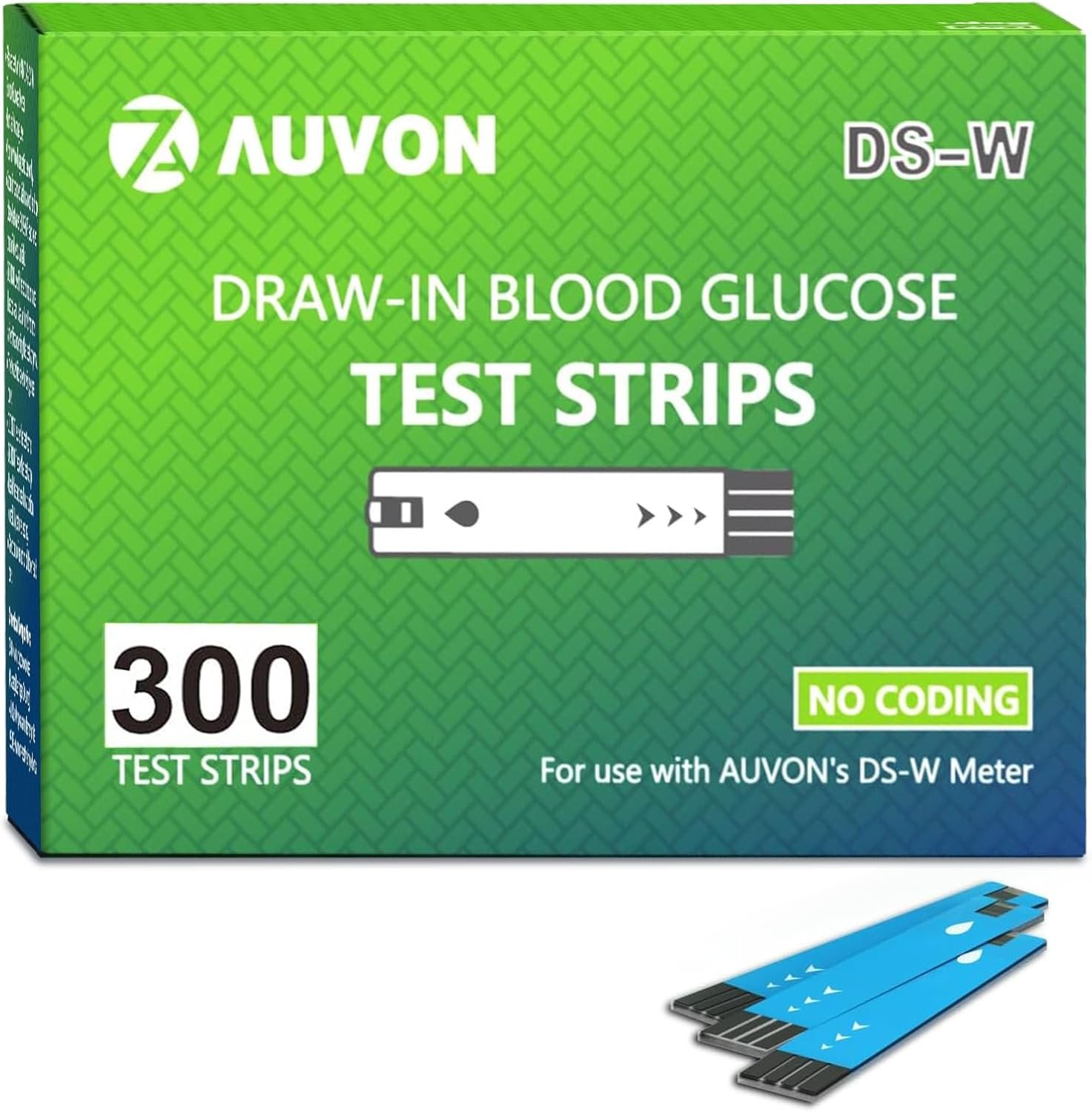 AUVON DS-W Draw-in Blood Glucose Test Strips for use with AUVON DS-W Diabetes Sugar Testing Meter (No Coding Required, 300 Count)