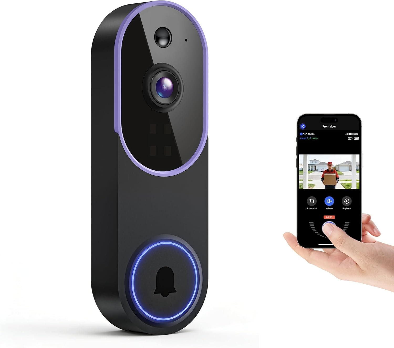 Smart 1080p Video Doorbell Camera with Night Vision, Live View, AI Human Detection, 2-Way Audio, Cloud Storage (Sold Separately), 2.4G WiFi, Hidden Security