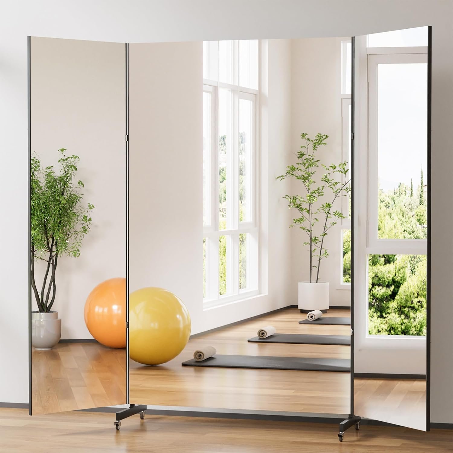 brisafe NanoMirror Non-Glass Ultra-Light Foldable Home Gym on Wheels, 95″x79″ Extra Large Full Body Unbreakable Shatterproof Mirror, 360° Swivel for Yoga, Dance, Fitness Studio & Home Gym, Black
