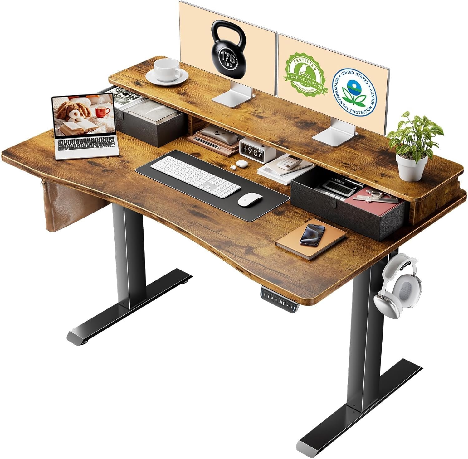 Veken 47.2″×27.6″ Standing Desk with Storage Drawers, Adjustable Height Computer Table with Monitor Shelf, Home Office Desk for Study, Gaming, Workstation, Brown