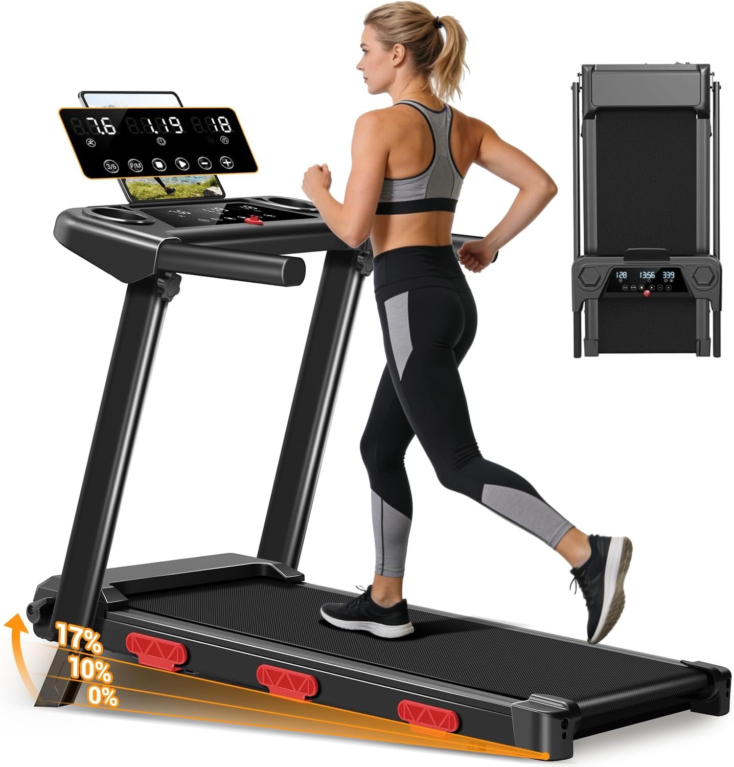 17% Incline Folding Treadmill for Home, 3.0HP Quiet Walking Pad with Handlebars, 350 LBS Capacity Compact Running Machine with 3 LED Displays and Shock Absorbers for Small Spaces