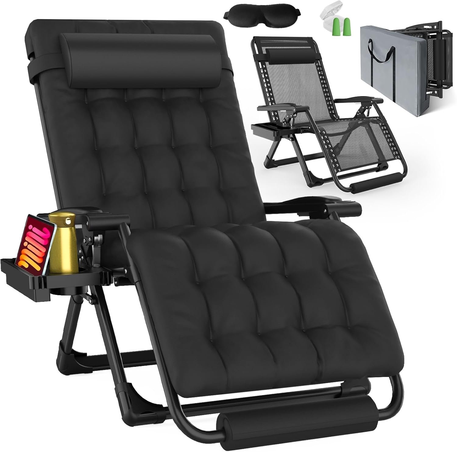 Oversized Zero Gravity Chair with Storage Bag,33″ XXL Lounge Chair with Thickened Cushion & Headrest, Patio Lawn Chair with Footrest & Cup Holder for Indoor & Outdoor, Supports 500LBS, Black