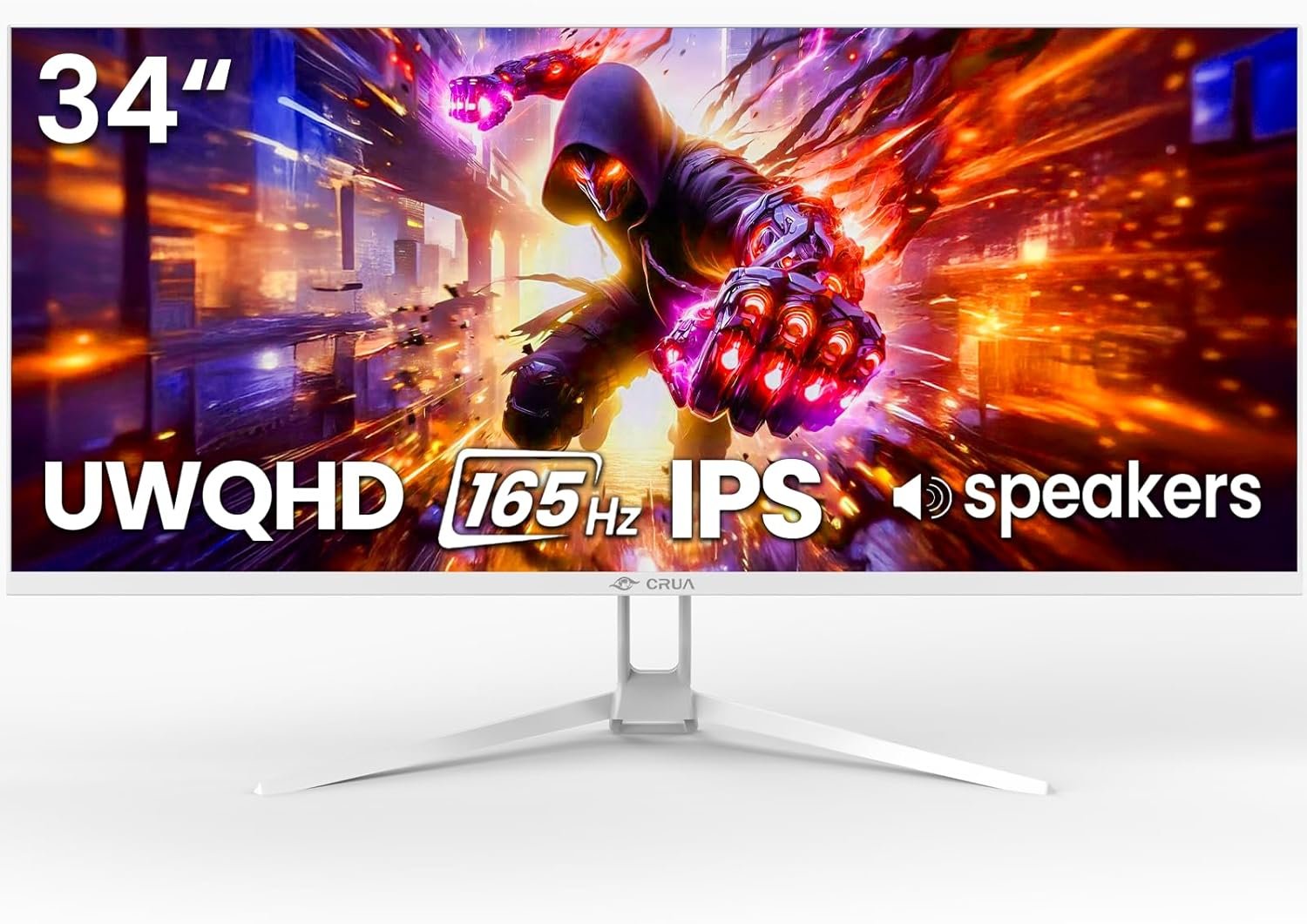 CRUA 34” White Gaming Monitor, 165HZ/144HZ, WQHD(3440x1440P) IPS UltraWide Screen Computer Monitors with Built-in Speakers, Supports FreeSync, 120% sRGB, HDMI 2.0 & DP 1.4, Wall Mountable Installs