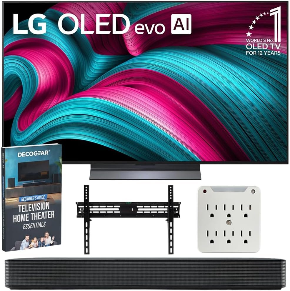 LG OLED55C5PUA 55″ OLED evo 4K UHD Smart webOS TV 2025 Bundle with SKM1 2.0-Ch. Compact Soundbar, 37″-70″ TV Wall Mount, 6-Outlet Surge Adapter & Deco Gear Complete Home Theater Beginner’s Guidebook