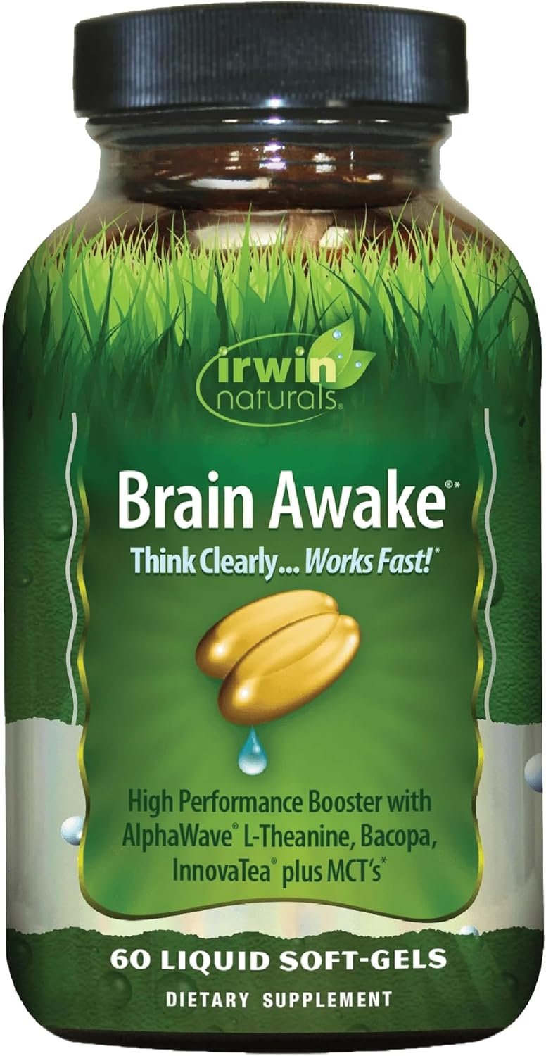 Irwin Naturals Brain Awake Enhanced Mental Performance, Increased Focus, Boost Clarity & Concentration – Powerful Nootropic Booster with L-Theanine, Bacopa, MCT’s & InnovaTea – 60 Liquid Softgels