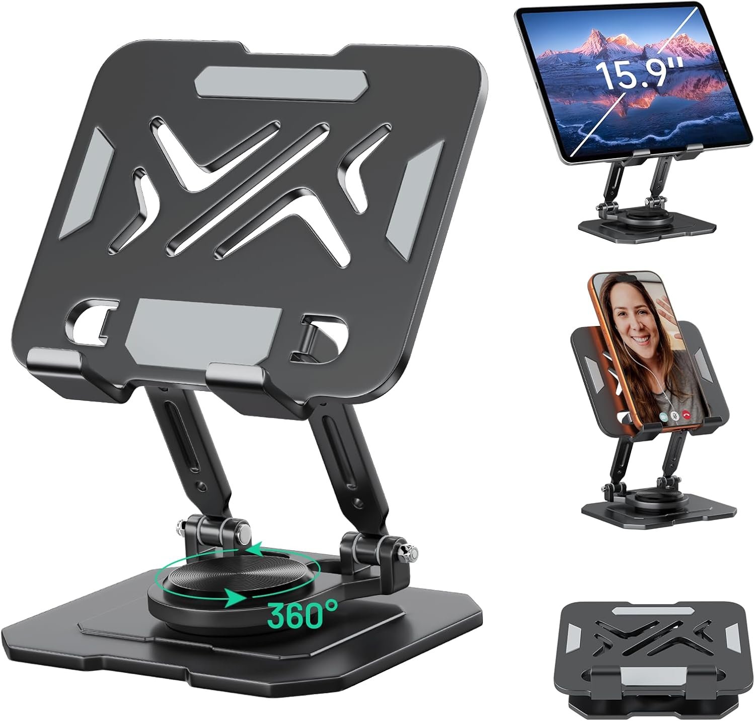 iPad Stand Tablet Holder for Desk,360° Rotation Metal Base Dual Rod Adjustable Height Holder,Compatible with 4.7-15.9″ iPad Pro/Air/Mini,eReader,LG Pads,Nexus,Switch,iPhone Pro/Max/Air/Plus