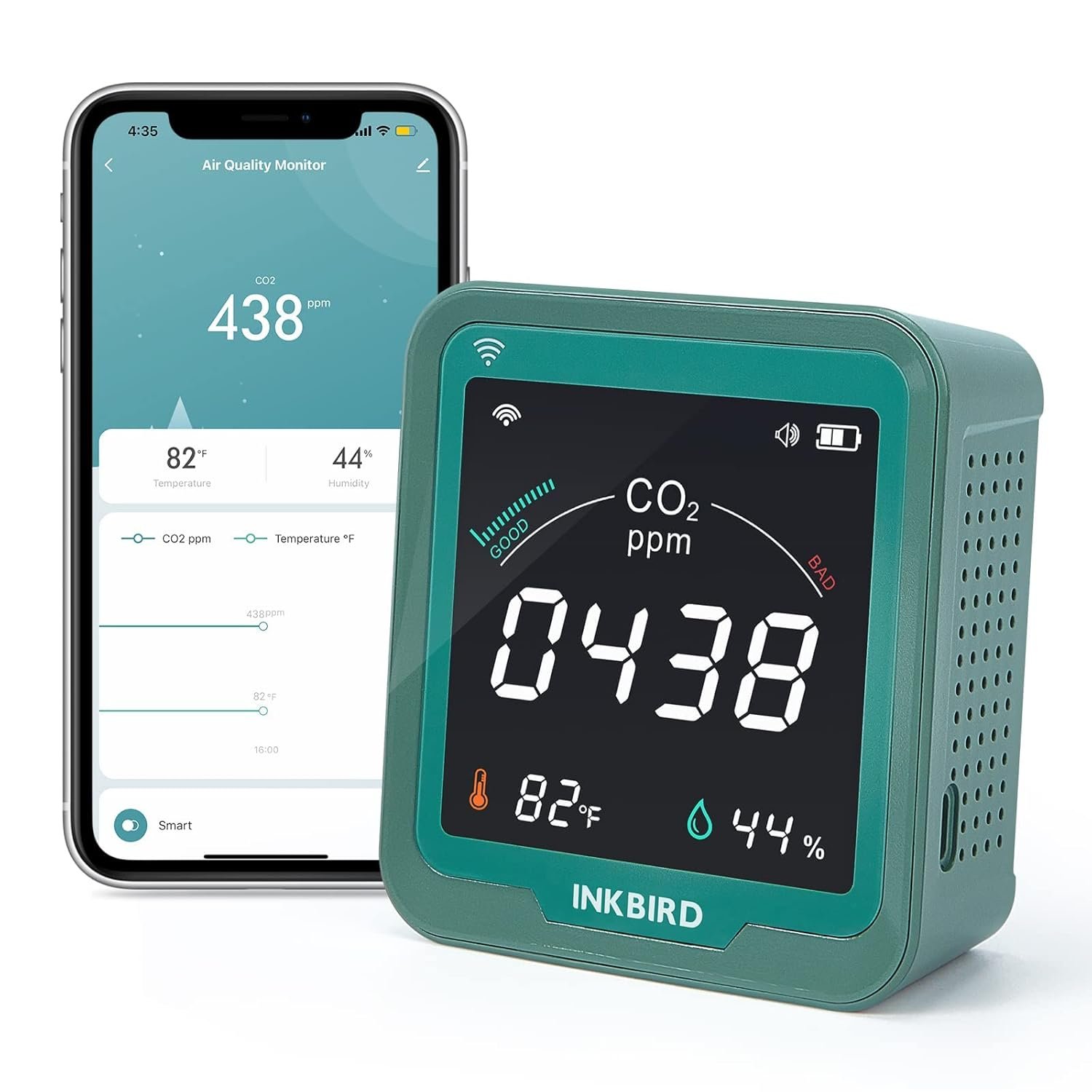 INKBIRD WiFi Air Quality Monitor Indoor Battery Powered | Smart NDIR Sensor and Data Logger | Carbon Dioxide & Temperature & Humidity | for Home, Office, Grow Tent (INK-CO2W)