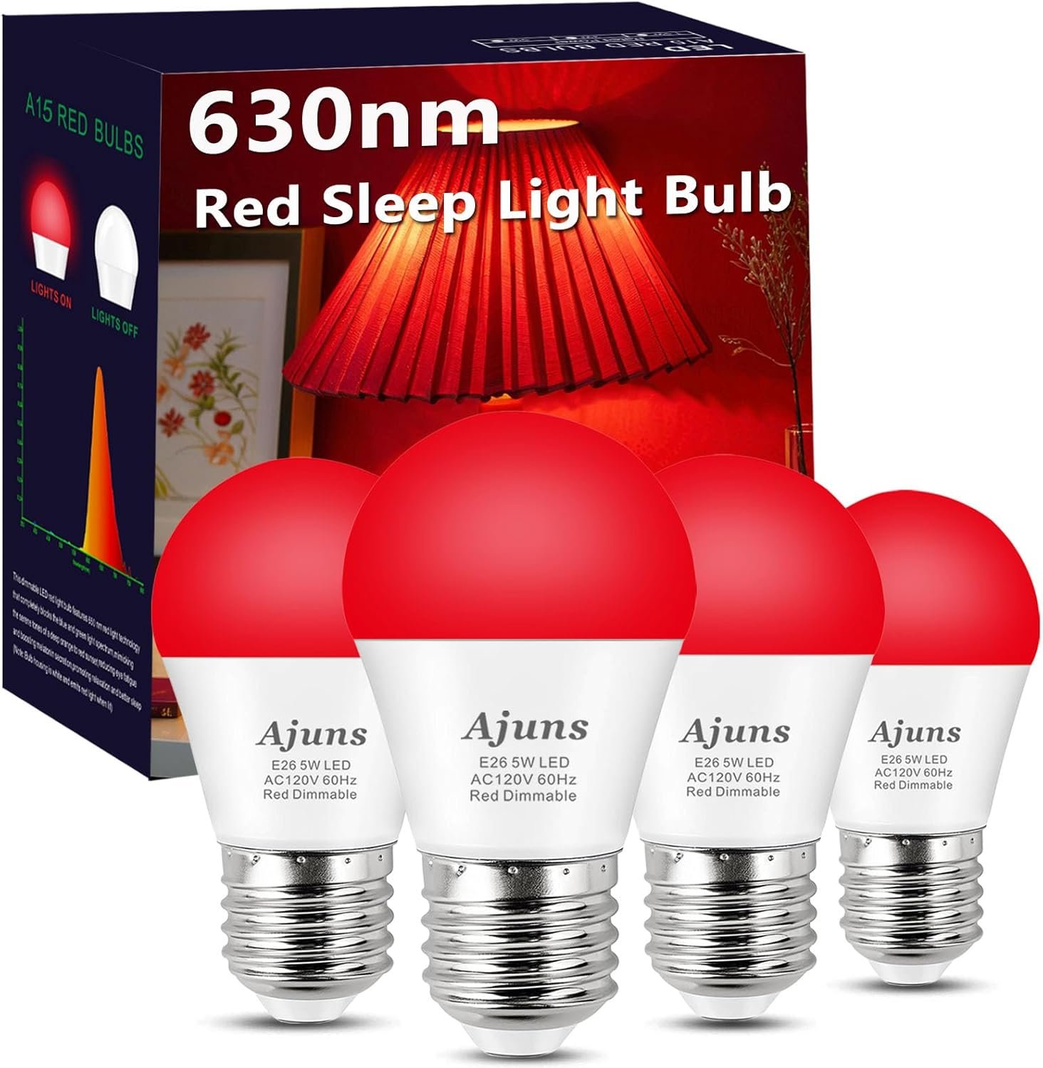 LED Red Sleep Light Bulb Dimmable, 100% Blue Light Blocking Bulb 630nm Promoting Melatonin Red Light Bulbs, A15 5W E26 Base Dim Light Bulbs for Bedroom, Baby Nursery,4 Packs